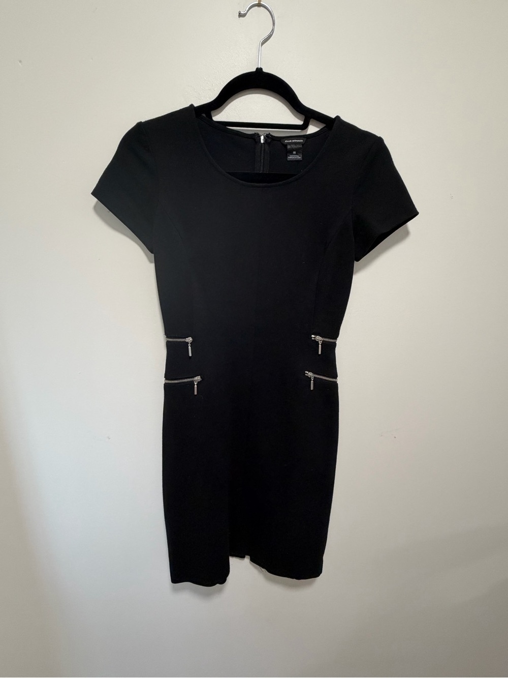 Club Monaco Black Short-Sleeve Mini Dress with Silver Zips - Size 00